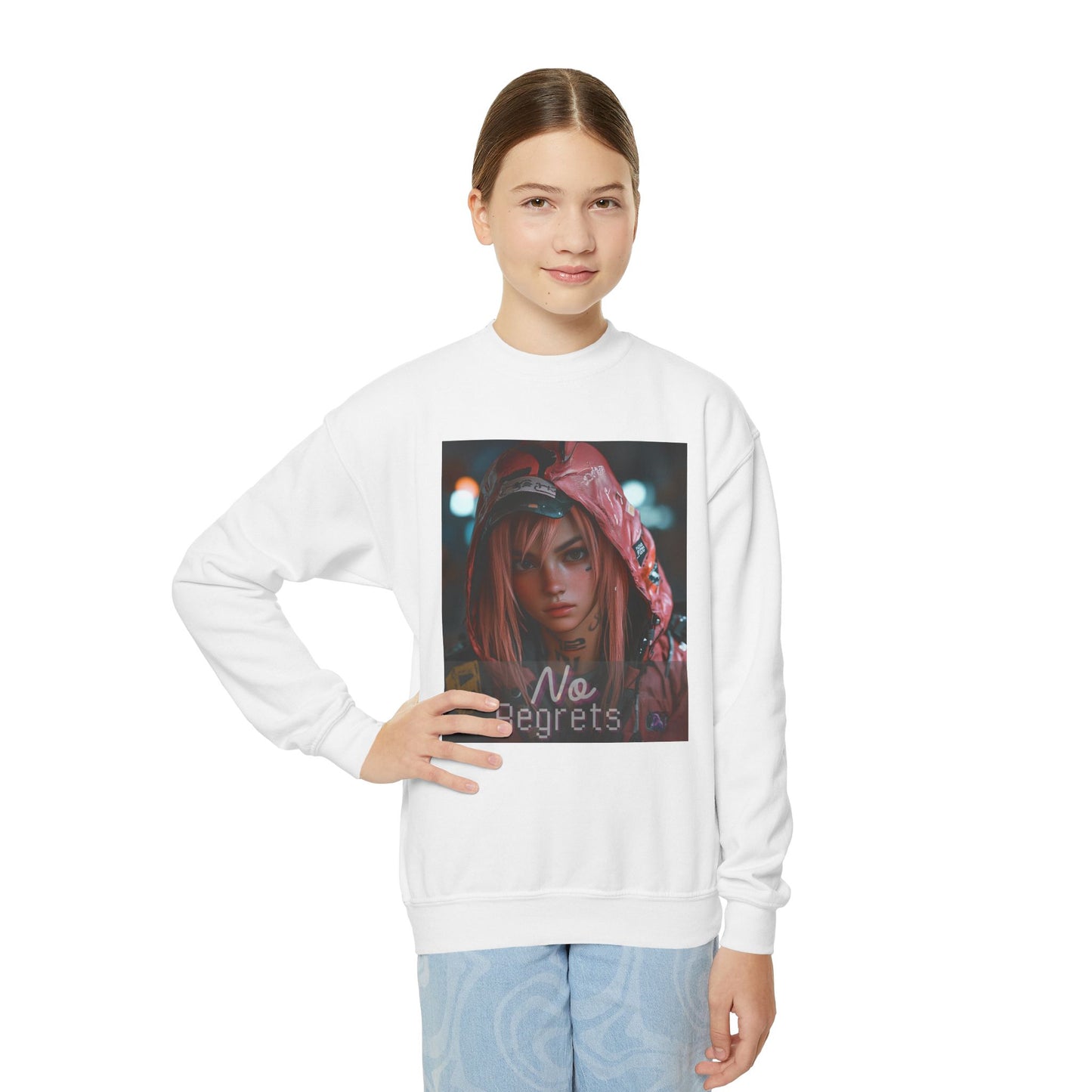 Youth Anime Gamer Crewneck Sweatshirt - No Regrets Design