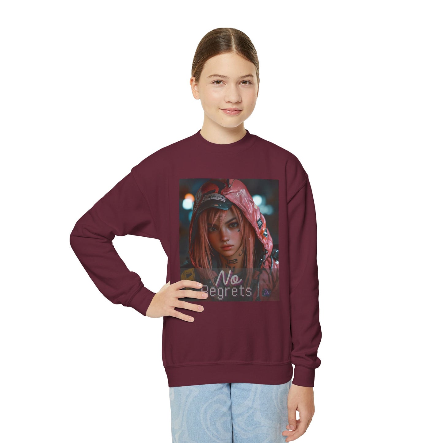 Youth Anime Gamer Crewneck Sweatshirt - No Regrets Design