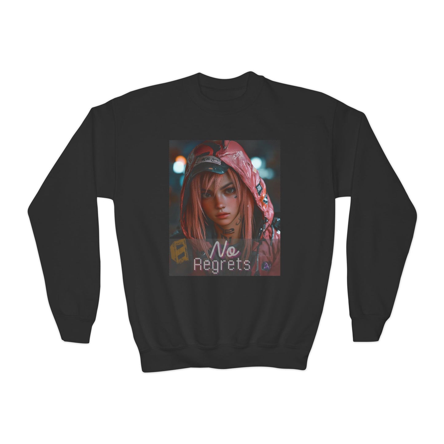 Youth Anime Gamer Crewneck Sweatshirt - No Regrets Design