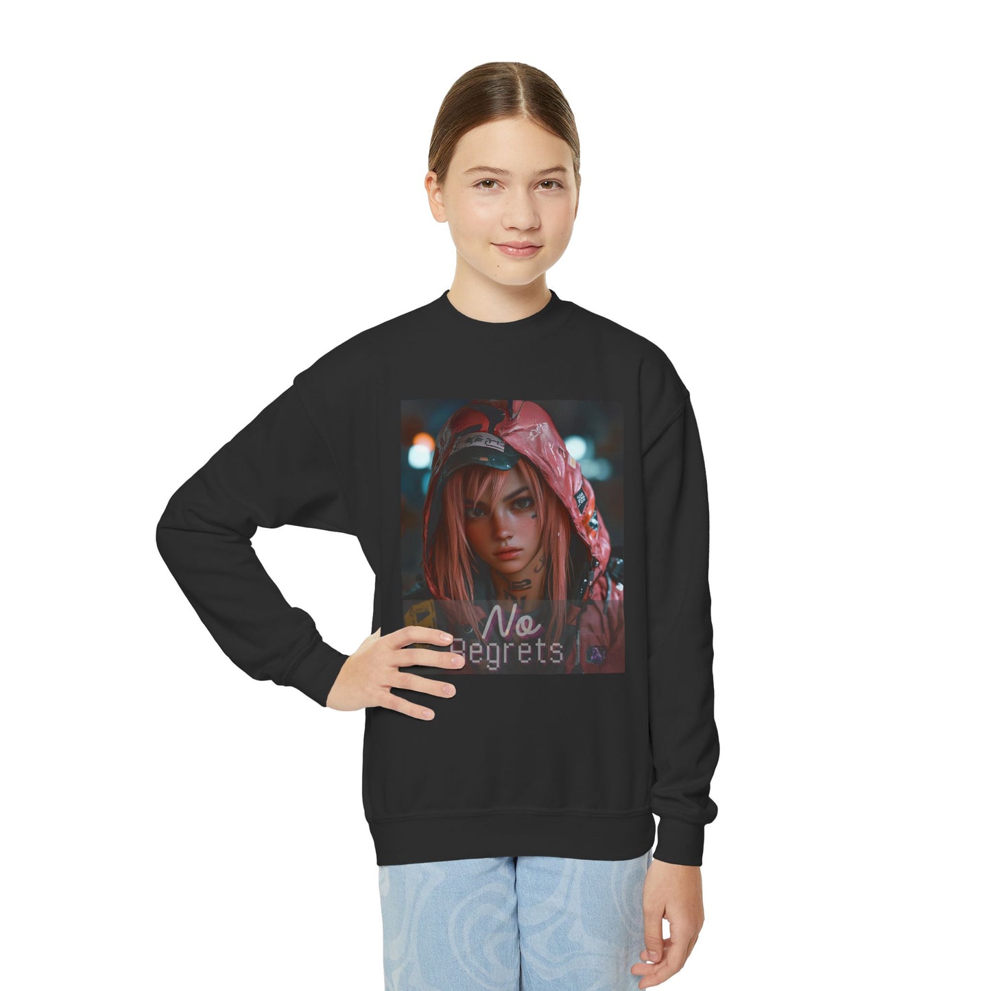 Youth Anime Gamer Crewneck Sweatshirt - No Regrets Design