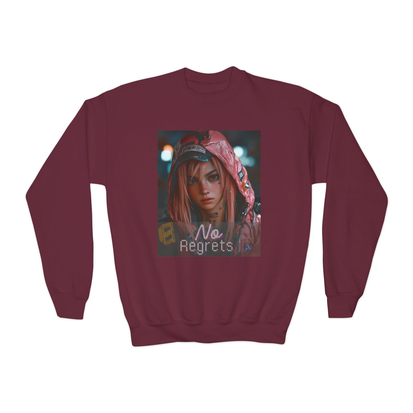 Youth Anime Gamer Crewneck Sweatshirt - No Regrets Design