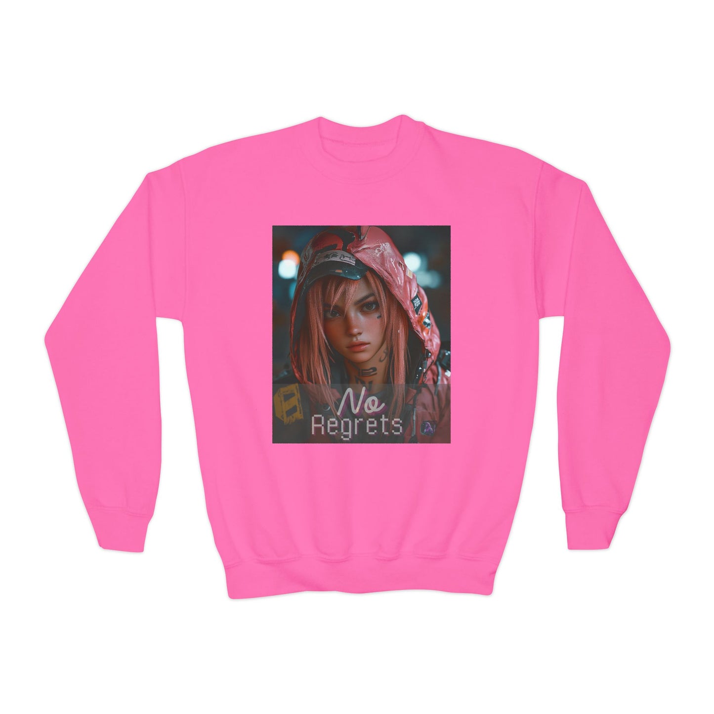 Youth Anime Gamer Crewneck Sweatshirt - No Regrets Design