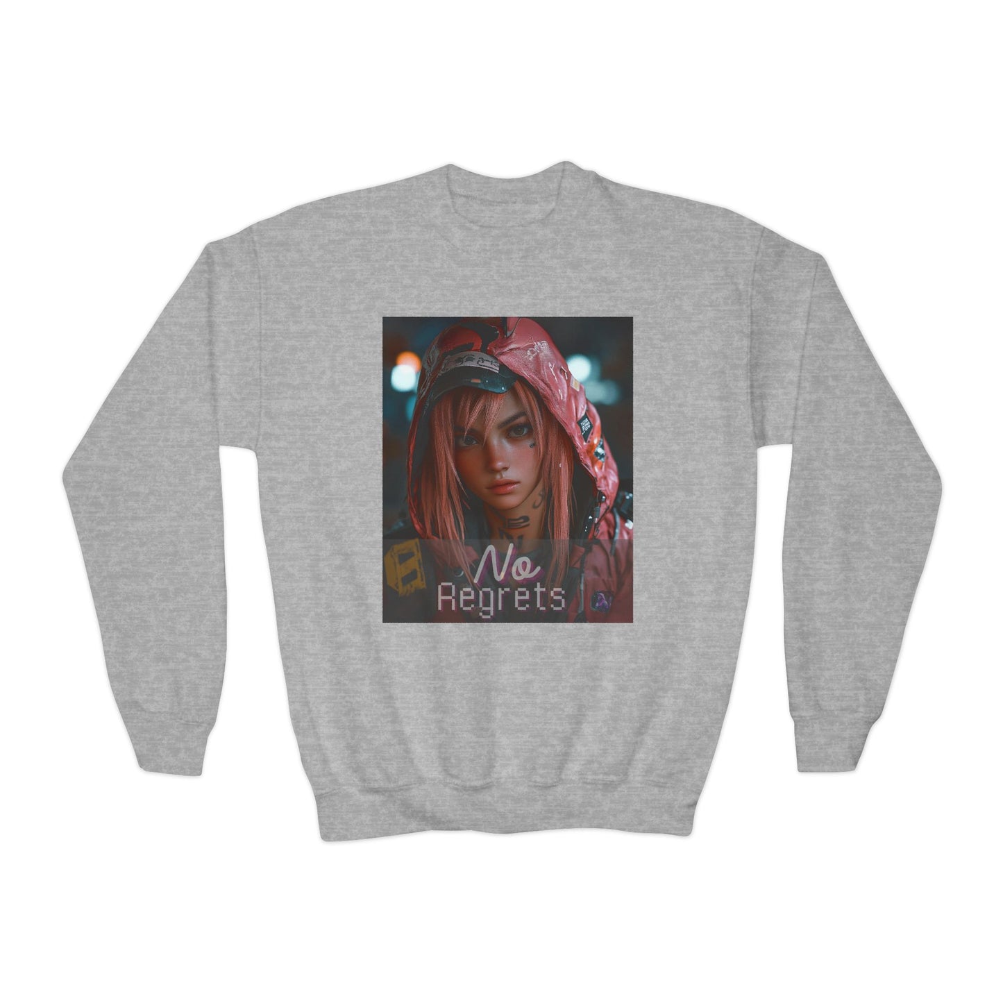 Youth Anime Gamer Crewneck Sweatshirt - No Regrets Design