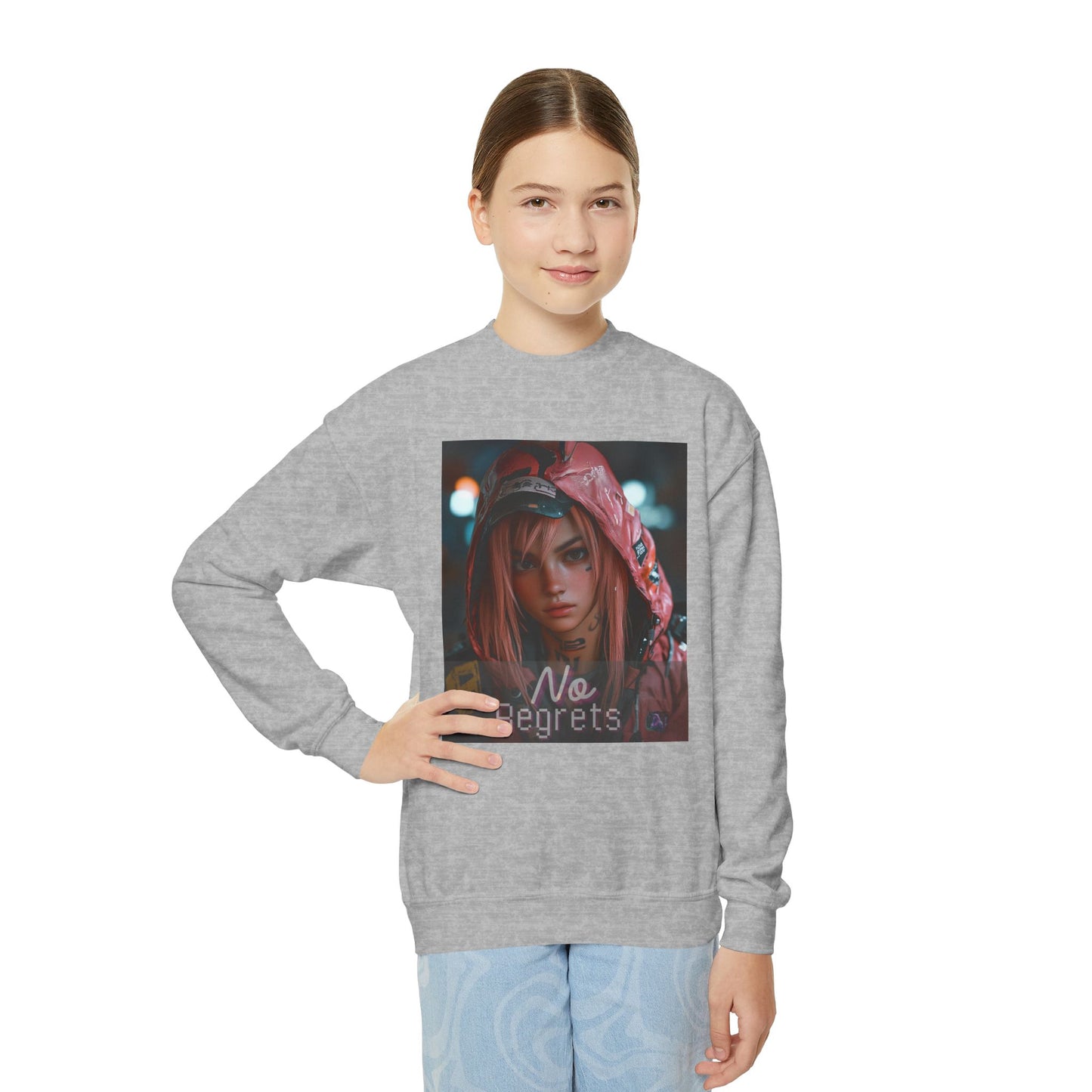 Youth Anime Gamer Crewneck Sweatshirt - No Regrets Design
