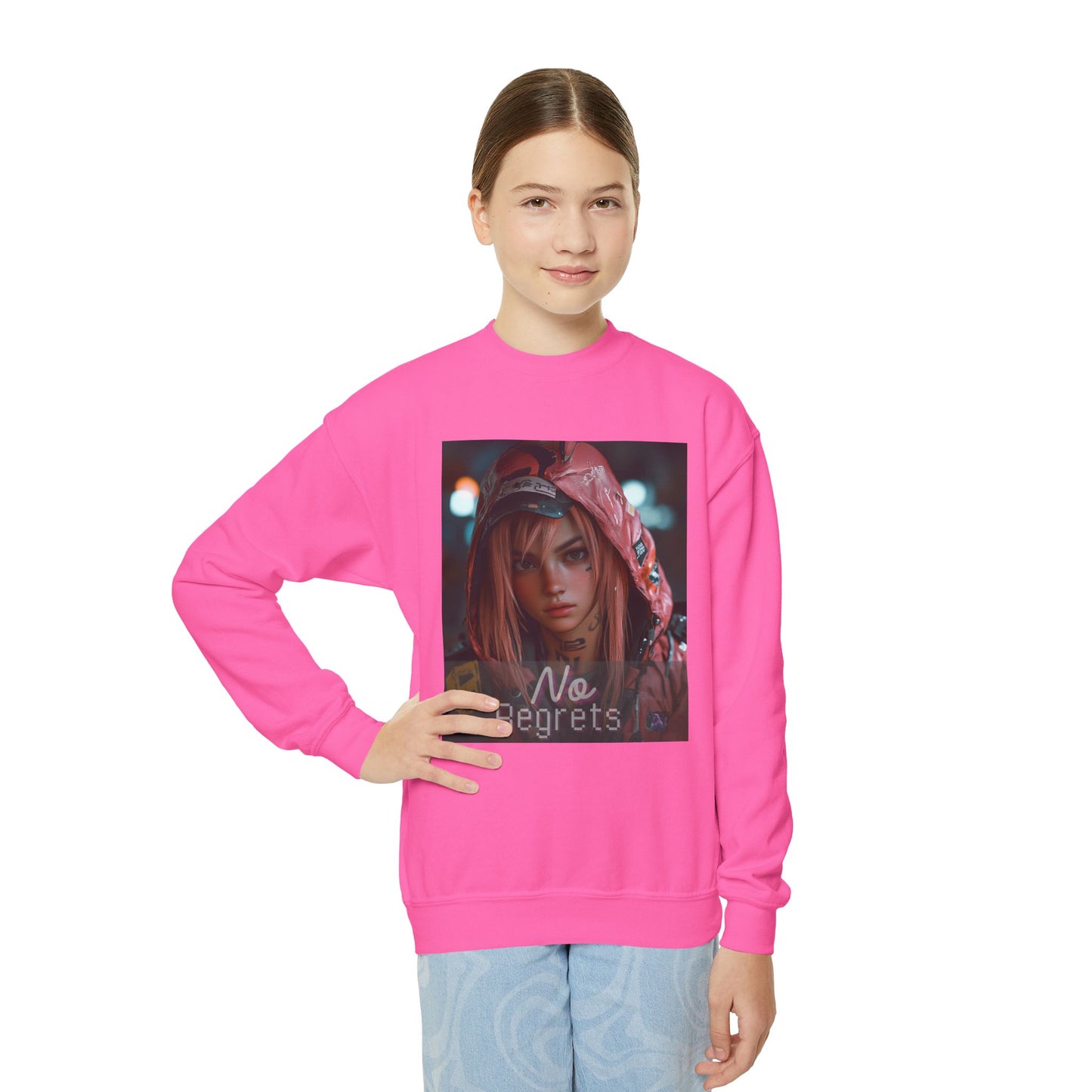 Youth Anime Gamer Crewneck Sweatshirt - No Regrets Design