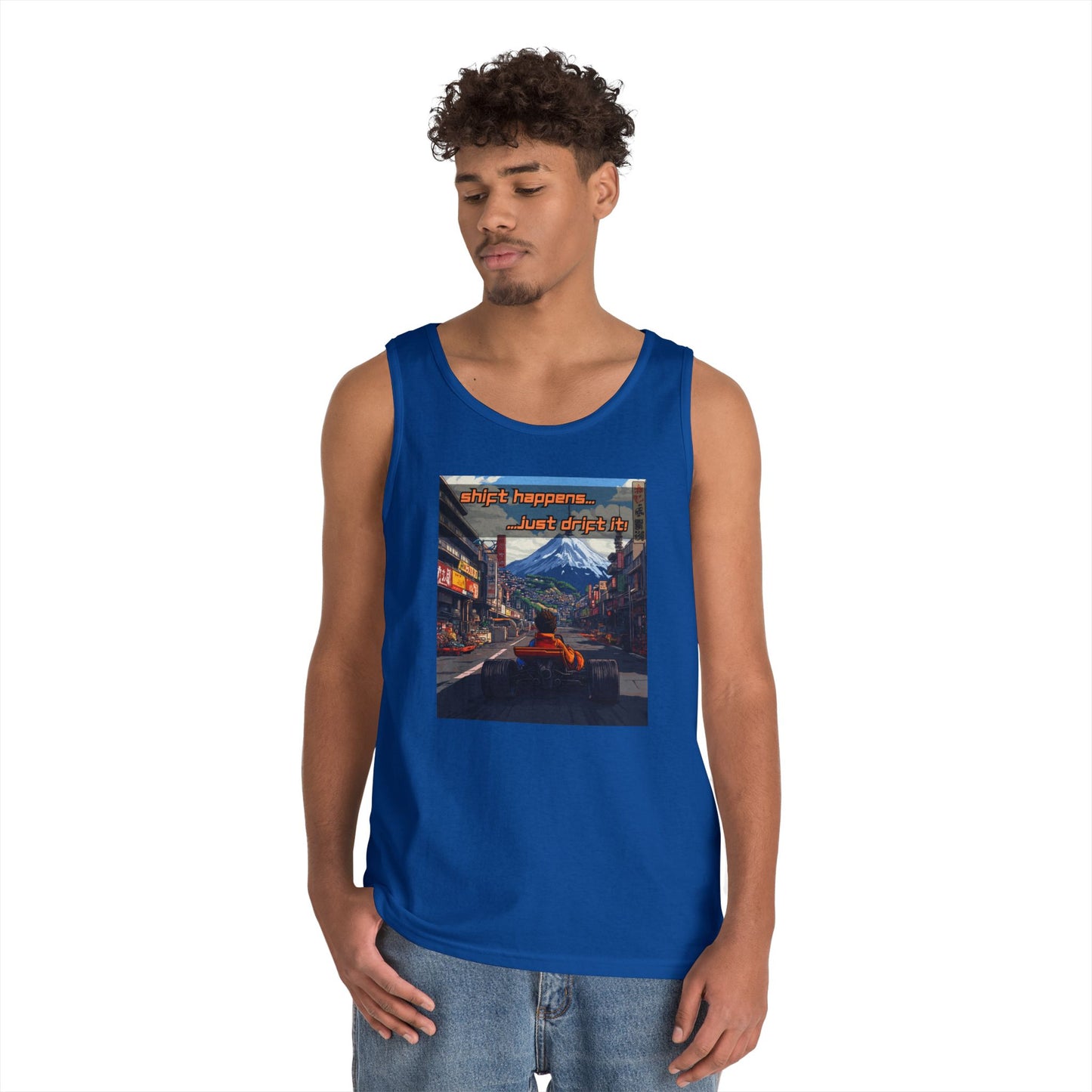 Anime Race Car Unisex Heavy Cotton Tank Top - Shift Happens, Just Drift It