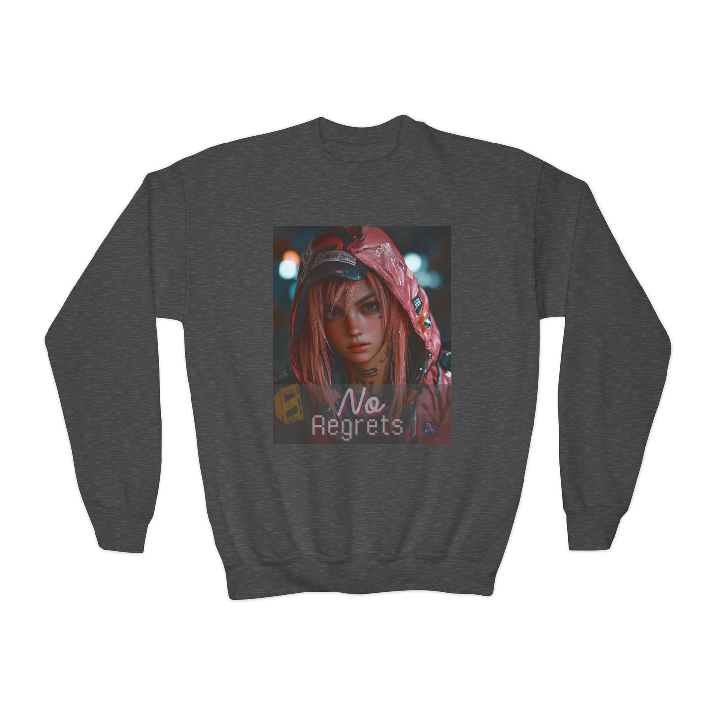 Youth Anime Gamer Crewneck Sweatshirt  -  No Regrets Design