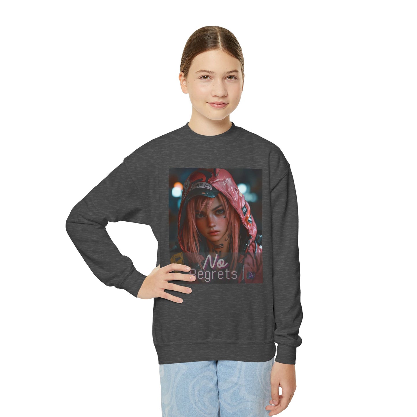 Youth Anime Gamer Crewneck Sweatshirt  -  No Regrets Design