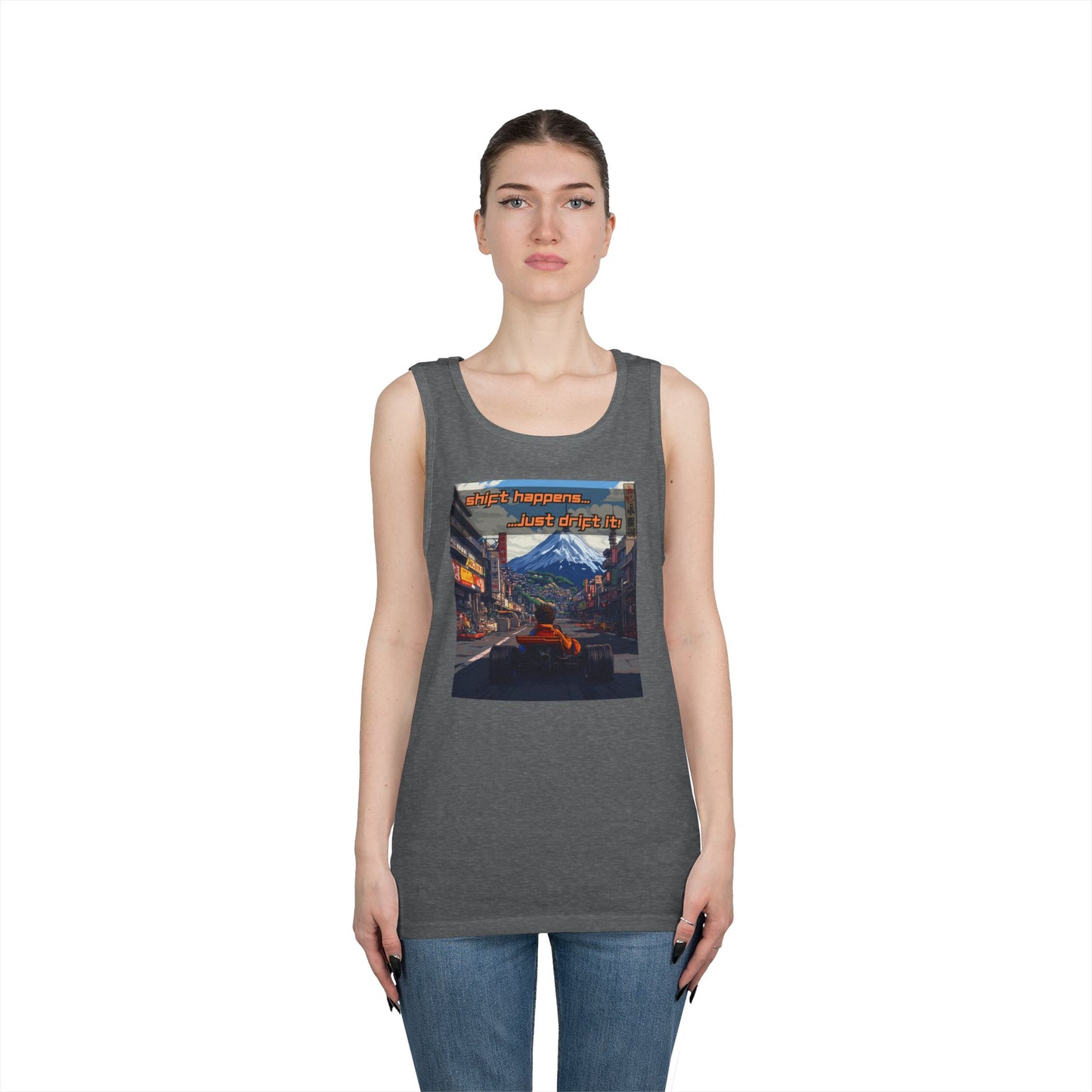 Anime Race Car Unisex Heavy Cotton Tank Top - Shift Happens, Just Drift It